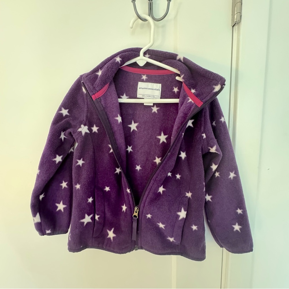 Amazon Essentials girls long sleeve fleece sweater purple with stars 4-5 years